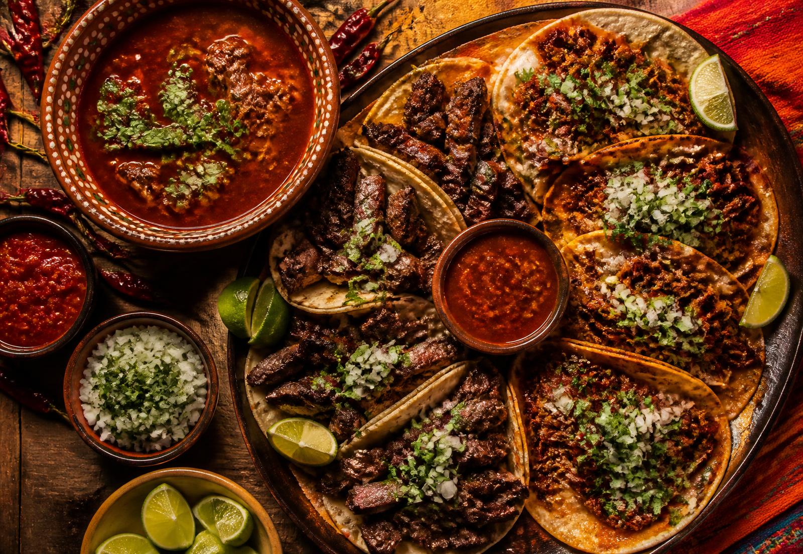 Platter of Tex-Mex street tacos with birria consommé, salsas and lime